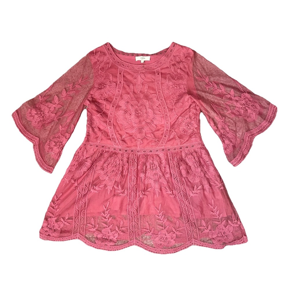 Entro Women's SMALL Fairy Dark Rose‎ Semi Sheer Lace Floral Scalloped Boho Top